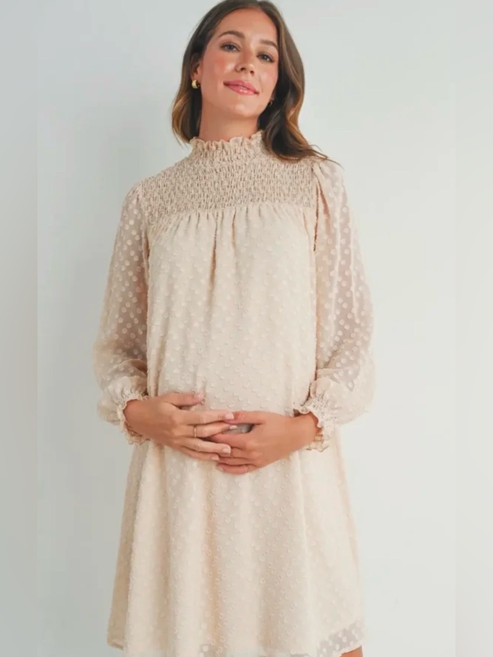 Hello Miz Long Sheer Sleeve Ruffle Mock Neckline Midi Maternity Dress Size XL